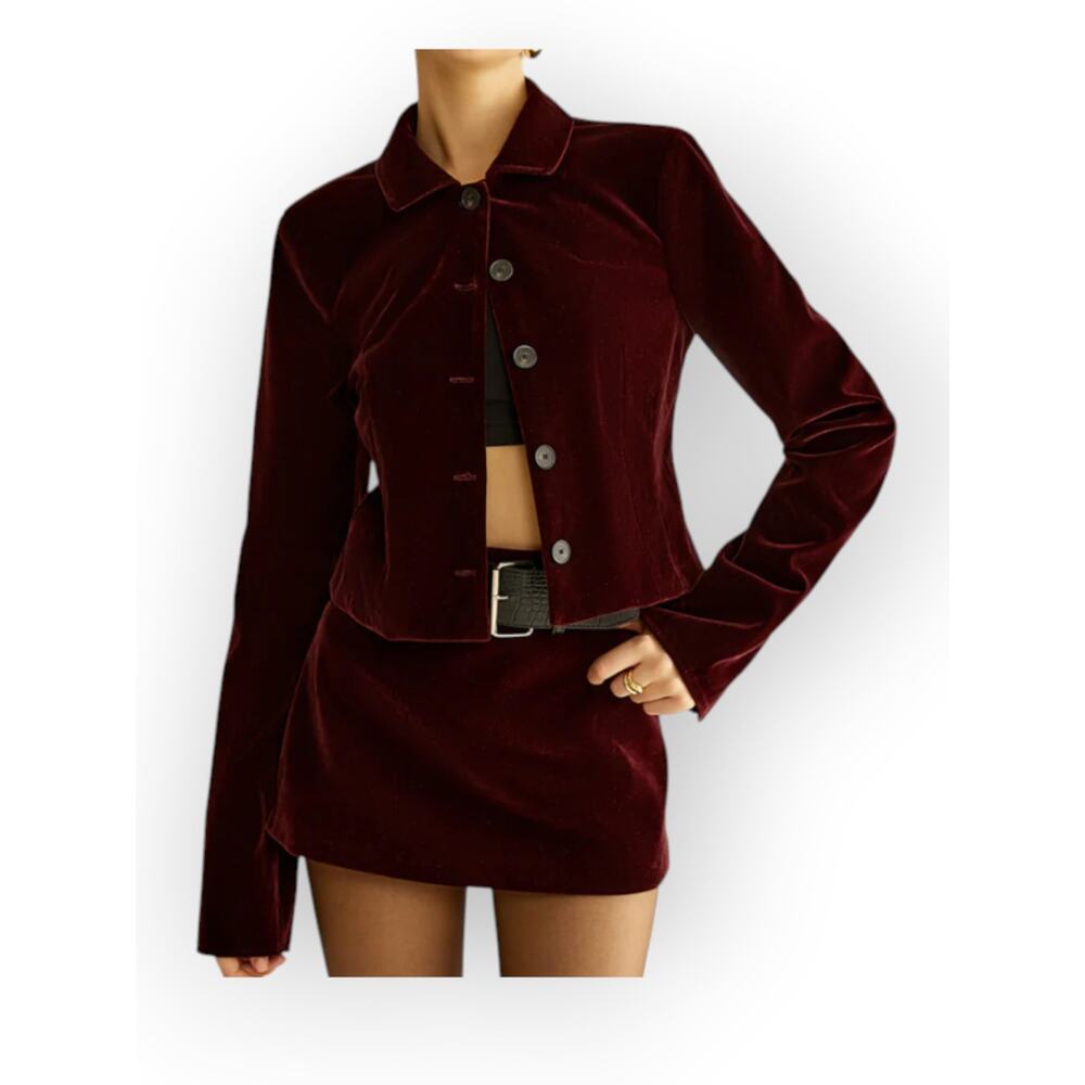 Commense Velvet Cropped Blazer Burgundy Button Front Jacket Modern Chic Evening